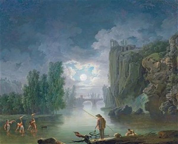 A Moonlit River Landscape With Fishermen Working By Torchlight Oil Painting by Francesco Fidanza