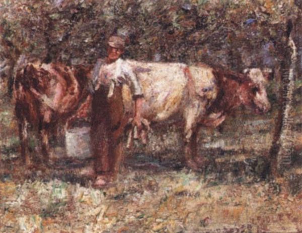Milking Time Oil Painting by Harry Fidler