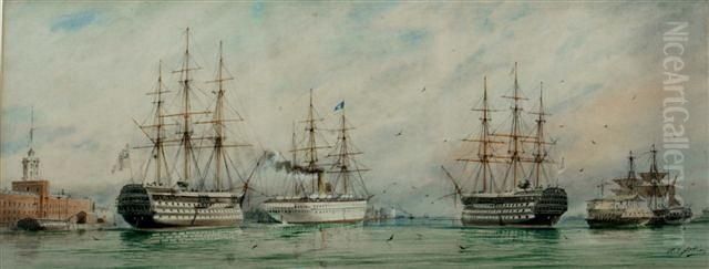 View At Portsmouth Showing H.m.s. Duke Of Wellington Oil Painting by William Edward Atkins
