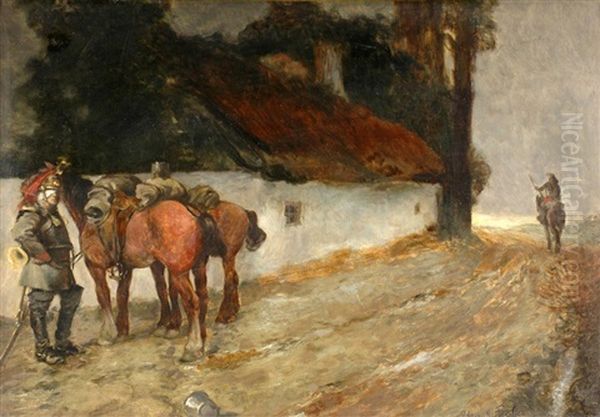 Cottage With Soldiers Oil Painting by Bernhard H. Fiedler