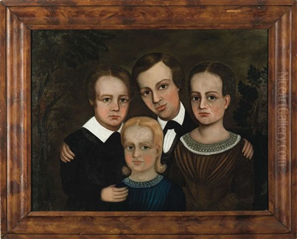 Portrait Of Four Children Descended In The Lyndes Family Of Brookfield, Vermont Oil Painting by Ebeneser M. Fielding