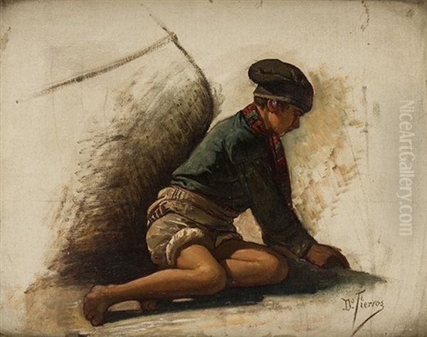 Nino Remendando Una Red Oil Painting by Dionisio Fierros Alvarez
