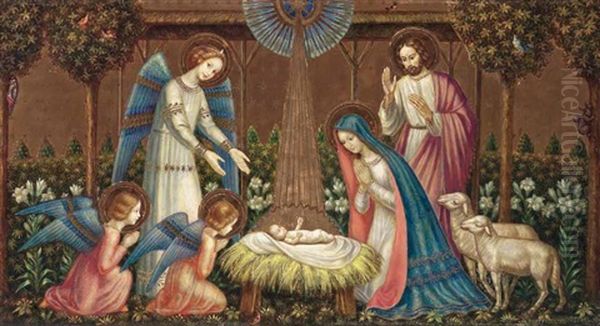Heilige Familie Mit Engeln Und Schafen Oil Painting by Albert Figel