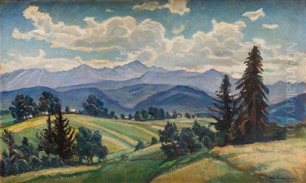 Tatra Mountains Seen From Olcza Oil Painting by Stefan Filipkiewicz