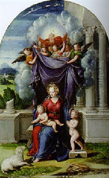 The Madonna And Child With The Infant Saint John The Baptist Revealed By God The Father And Angels Oil Painting by Camillo Filippi (Ferrara)