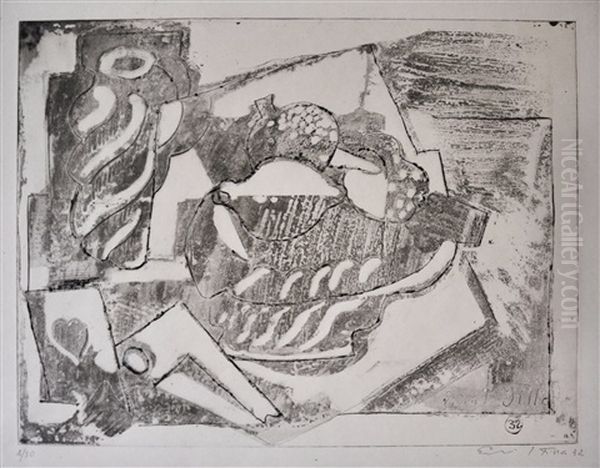 Zatisi S Lahvi, Kartou, Kosikem Ovoce A Dymkou Oil Painting by Emil Filla