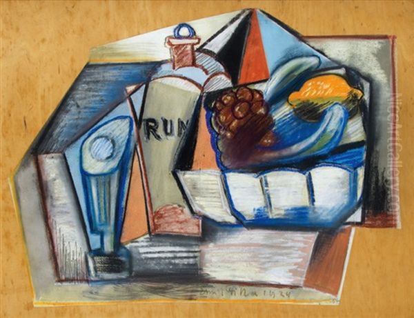 Zatisi S Lahvi Rumu, Sklenkou A Miskou S Hroznem Vina A Citronem Oil Painting by Emil Filla