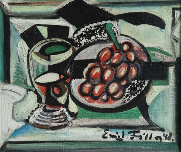 Zatisi S Hroznem A Poharem Oil Painting by Emil Filla