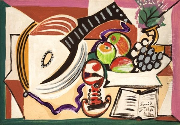 Still Life With Mandolin, Cup, Fruits And Book Oil Painting by Emil Filla