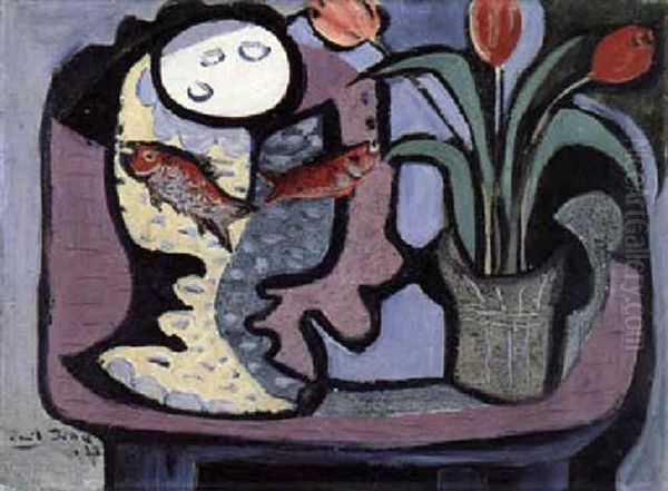 Stilleben Mit Goldfischglas Und Tulpen Oil Painting by Emil Filla