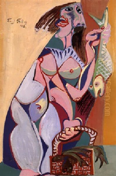 Woman With A Fish Oil Painting by Emil Filla