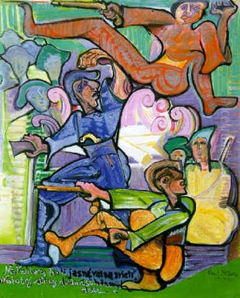 A Group Of Gallant Soldiers Around A Fire Oil Painting by Emil Filla