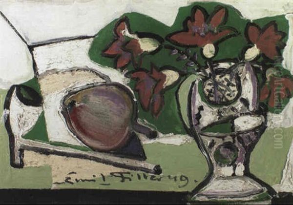 Stilleben Mit Blumenvase, Pfeife Und Frucht Oil Painting by Emil Filla