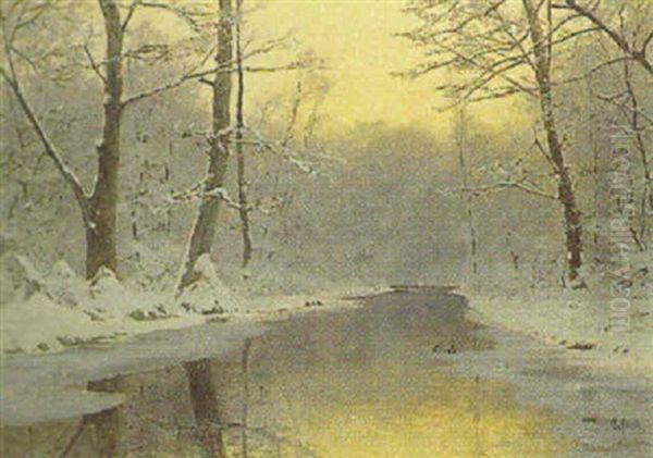 Winterlandschaft Mit Enten Oil Painting by August Fink