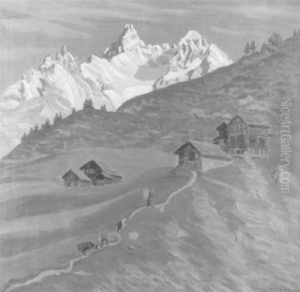 Obergabelhorn In Der Morgensonne, Von Findelenalp Oil Painting by Waldemar Theophil Fink