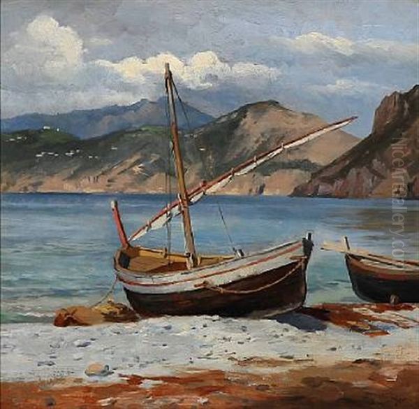 Fishing Boats On The Beach At Capri Oil Painting by August Fischer