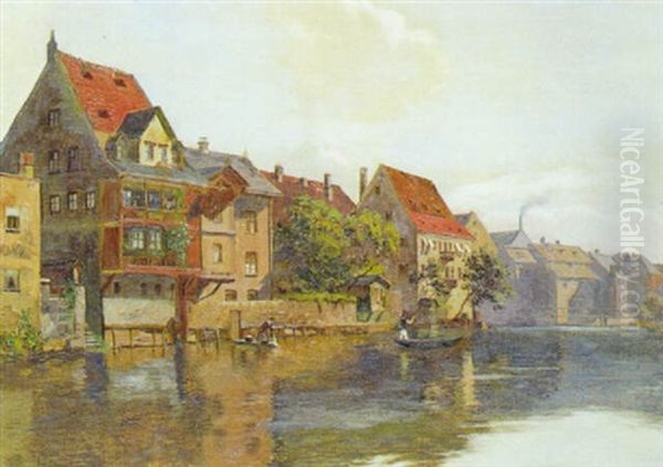 Tysk Byparti Med Flodlob Og Bade Oil Painting by August Fischer