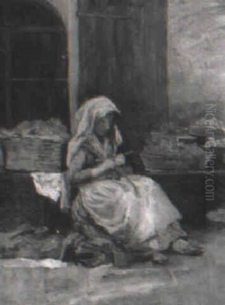 Italiensk Pige Der S+lger Gr+ntsager Oil Painting by August Fischer