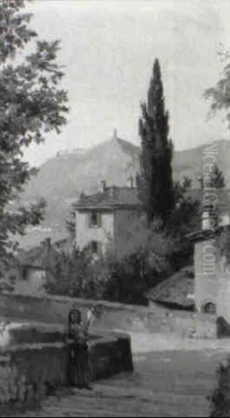 Motiv Fra Como, I Forgrunden Kvinde Ved Stengaerde Oil Painting by August Fischer