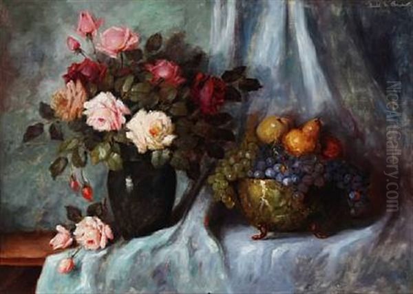 Still Life With Roses And Fruits Oil Painting by Carl Holger Fischer