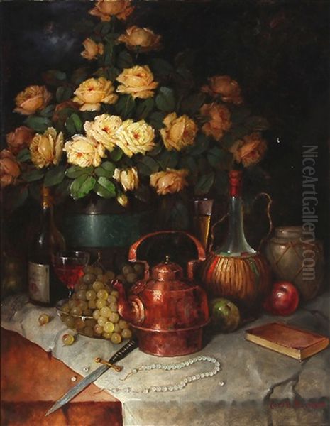 A Still Life With Yellow Roses, Fruits, Kettle, Glass, Bottles And A Pearl Necklace On A Table Oil Painting by Carl Holger Fischer