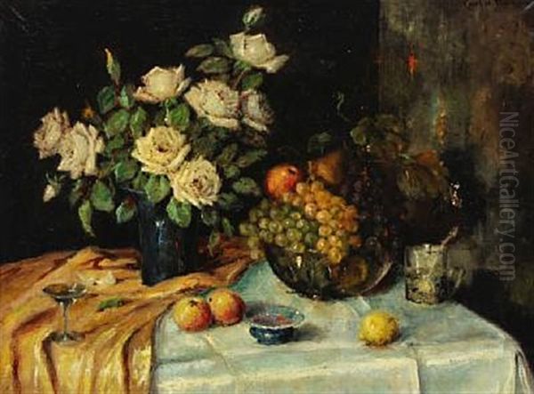 Still Life With Flowers, Glass And Fruit On A Table Oil Painting by Carl Holger Fischer