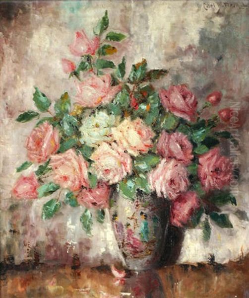 Ein Straus Rosa Rosen In Einer Vase Oil Painting by Carl Holger Fischer