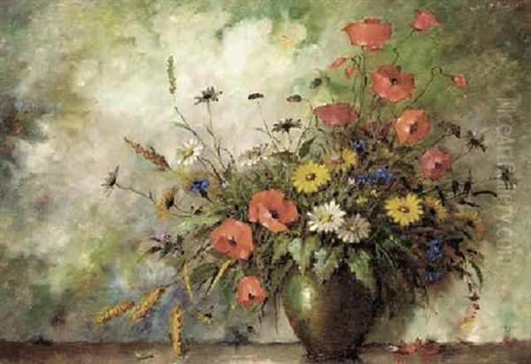 Poppies, Daisies And Wild Flowers In A Vase Oil Painting by Carl Holger Fischer