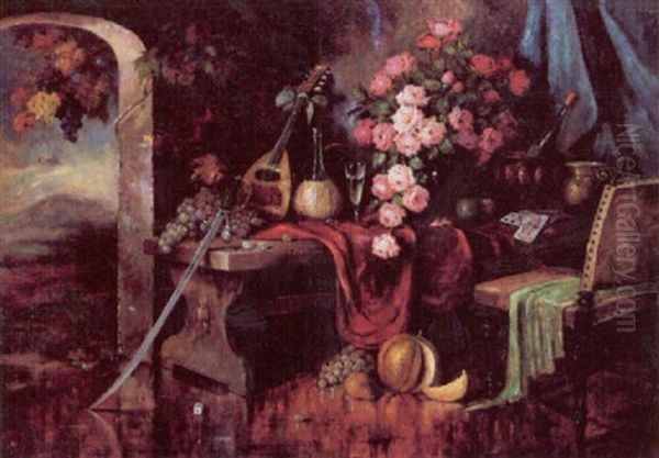 Paladsinterior Med Buket Af Lyserode Roser, Frugter, Chiantiflaske, Mandolin Samt Spillekort Pa Et Bord Oil Painting by Carl Holger Fischer
