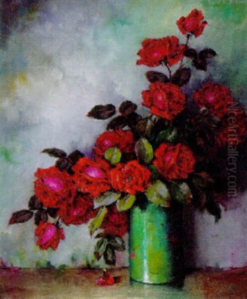 Morkerode Roser I En Gron Vase Oil Painting by Carl Holger Fischer