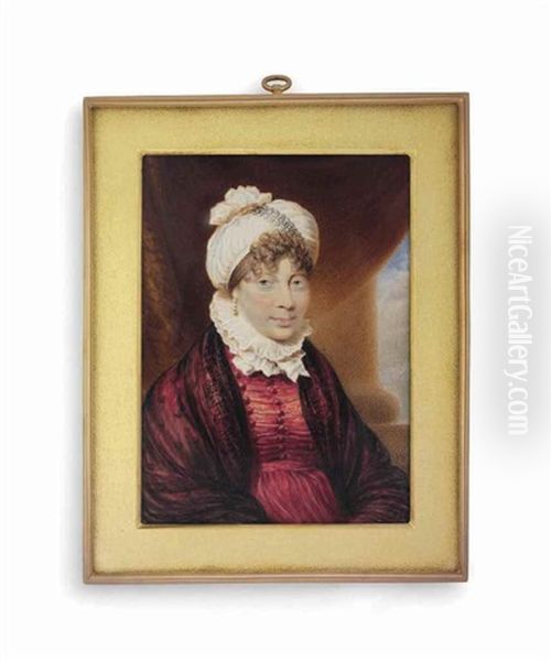 Queen Charlotte (1744-1818), Seated, In Red Dress, Claret Shawl Draped Over Her Shoulders, White Turban Over Her Curling Hair Oil Painting by Johann George Paul Fischer