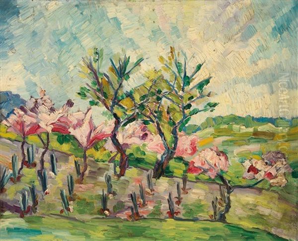 A Garden With Trees Oil Painting by Johannes Fischer