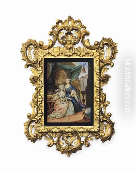 Double Portrait Of Maria Theresa (1717-1780), Empress Of Austria, When Archduchess, Seated, Her Right Arm Perched On A Table With Crown On Cushion, Flowers In Her Lap Oil Painting by Josef Anton Fischer