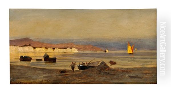 Malerische Kustenlandschaft In Agypten Oder Palastina Mit Anlandenden Fischern Und Dhaus Oil Painting by Ludwig Hans Fischer