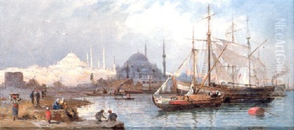 Shipping Vessels In The Port Of Constantinople Oil Painting by Ludwig Hans Fischer