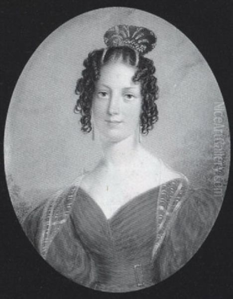 A Lady Wearing Decollete Mauve Dress With Gold Buckle On Her Waistband And White Underslip, White Gauze Shawl And Gold Drop Earrings Oil Painting by T. Paul (Paul Johann Georg) Fischer