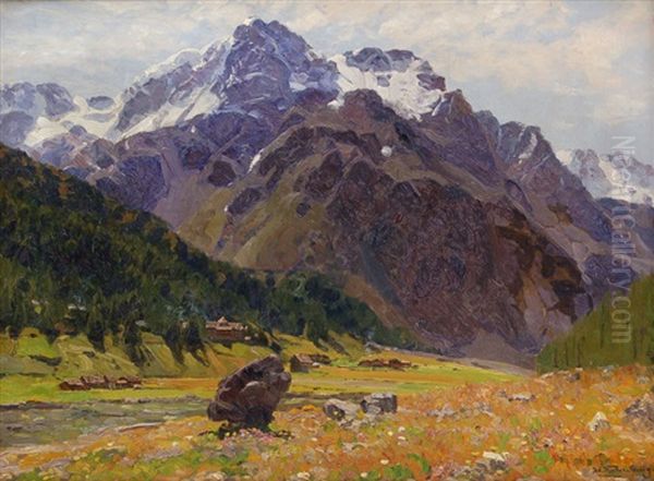 Alpenwiese Mit Bergmassiv Oil Painting by Adolf Fischer-Gurig
