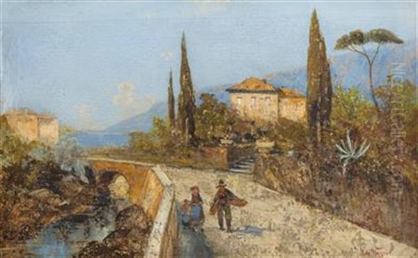 Villa An Oberitalienischem See Mit Brucke Und Personenstaffage Oil Painting by Georg Fischhof