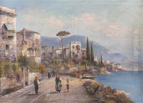 Landschaft Mit Villen An Oberitalienischem See Mit Personenstaffage Oil Painting by Georg Fischhof