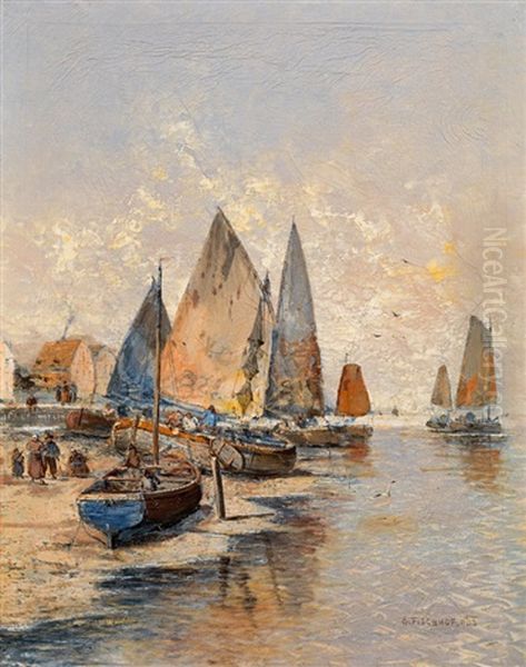 Kuste Mit Fischerbooten Oil Painting by Georg Fischhof