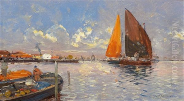 Fischer Vor Anker (+ Fischerfrau Am Strand; 2 Works) Oil Painting by Georg Fischhof