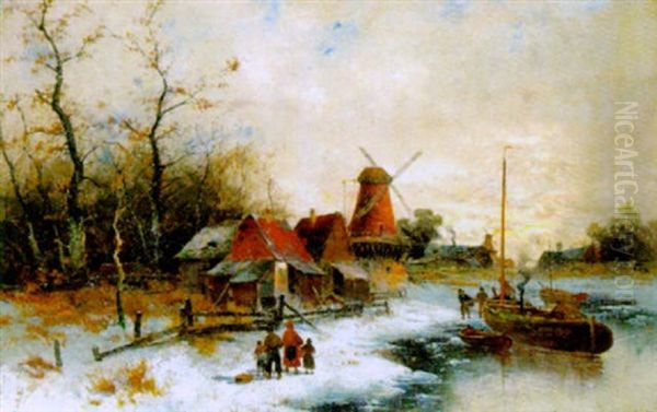 Winterstimmung Am Hollandischen Kanla Oil Painting by Georg Fischhof