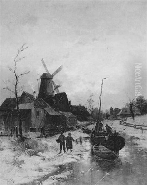 Hollandische Winterlandschaft Mit Fischern Auf Einem Kanal Oil Painting by Georg Fischhof