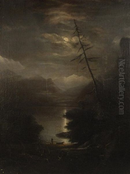 Moonlit Figure By A Lake (+ Untitled, Watercolor; 2 Works) Oil Painting by Alvan Fisher