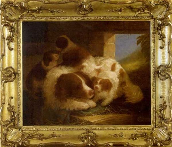 Spaniel With Pups In A Barn Oil Painting by Alvan Fisher