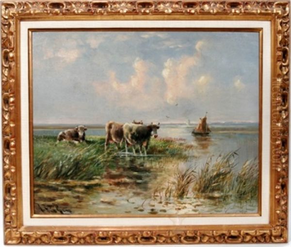 Cows At Rivers Edge Oil Painting by Hugo Anton Fisher