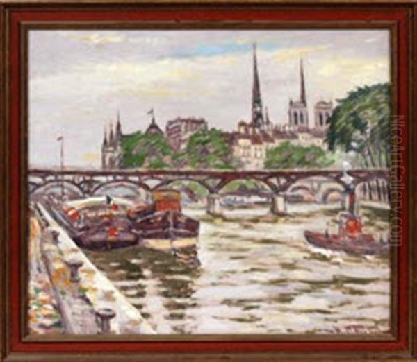 Cityscape With River, Bridge & Boats Oil Painting by Hugo Melville Fisher
