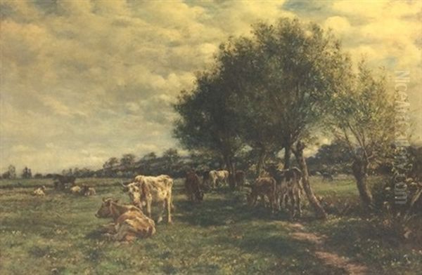 Cattle Amongst Willow Trees In A Meadow Oil Painting by Mark Fisher