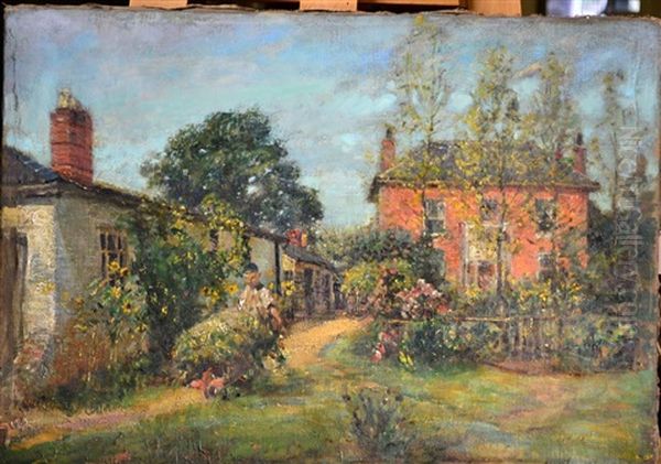 A Summer Garden With Grecian House And Gardener Pushing A Laden Wheelbarrow Oil Painting by Mark Fisher