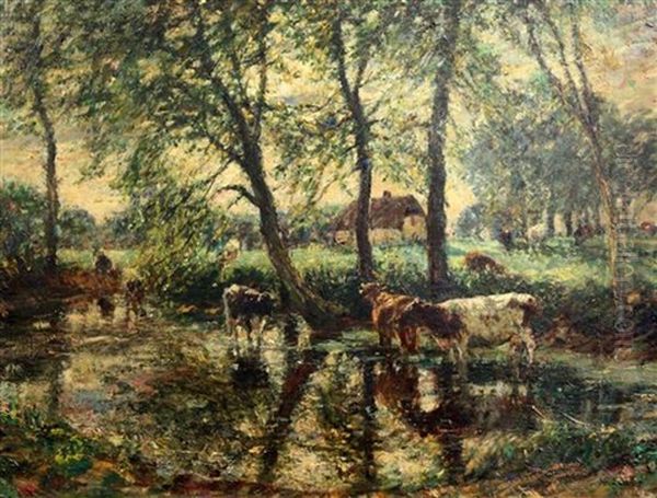 Cattle Watering, Wilmington Pond Oil Painting by Mark Fisher
